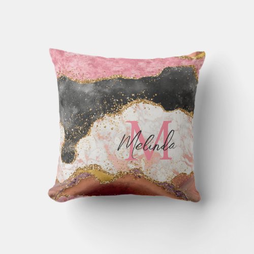 Pink and Black Sequins Agate Throw Pillow