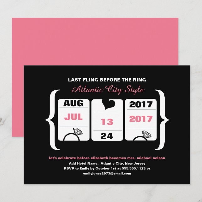 Pink and Black Slot Machine Bachelorette Invitation (Front/Back)