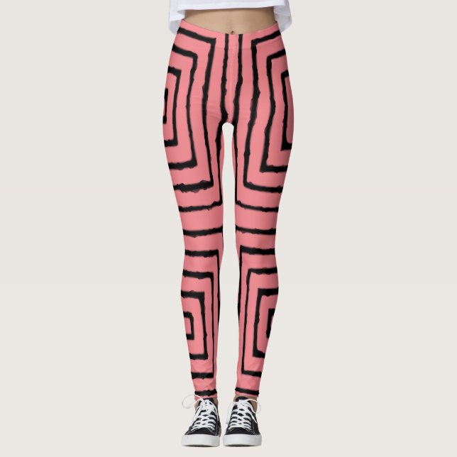 Pink and Black Squares African mud cloth Leggings (Front)