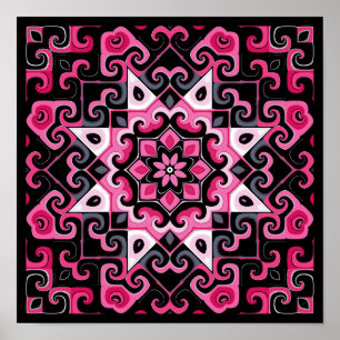 Pink and Black Star Kaleidoscope Poster