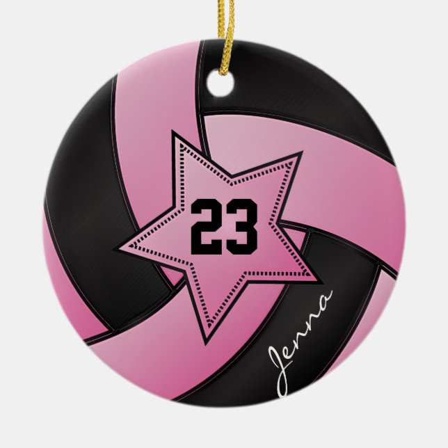 Pink and Black Star Volleyball Ceramic Ornament (Front)