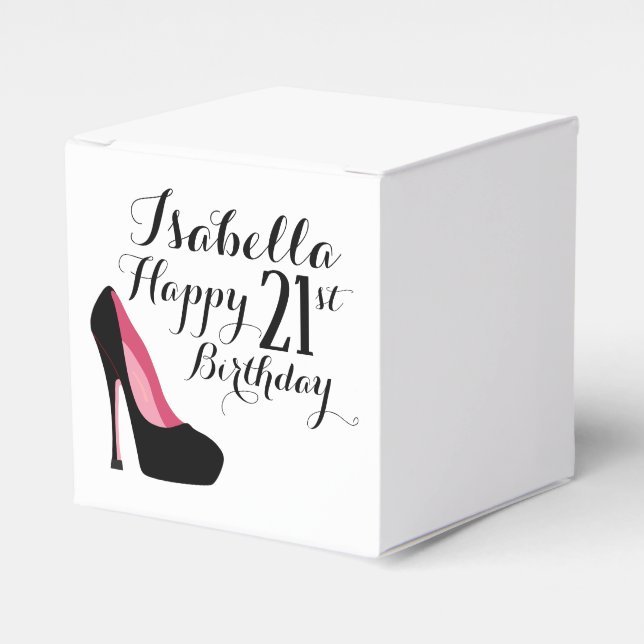 Pink and Black Stiletto Happy Birthday Favor Boxes (Front Side)