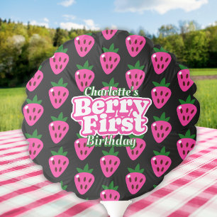 Pink and black Strawberry Berry First Birthday Balloon