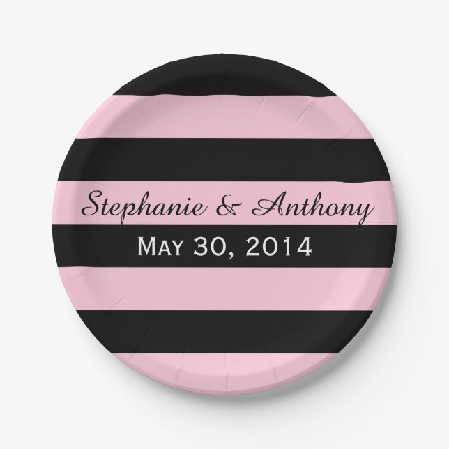 Pink and Black Striped Wedding Paper Plates (Front)