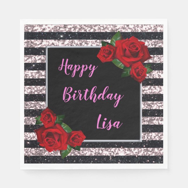 Pink And Black Stripes Glitter Red Roses Birthday Napkins (Front)