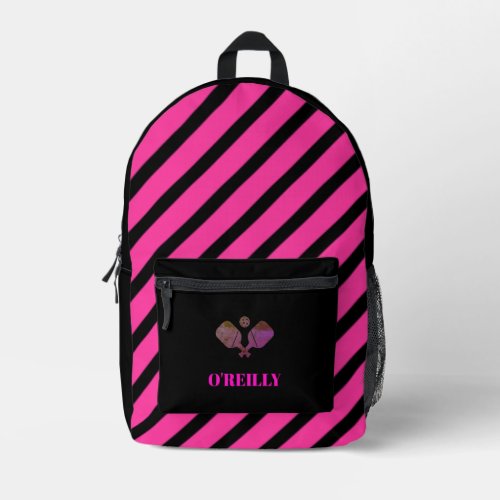 Pink and Black Stripes Modern Monogram Pickleball Printed Backpack