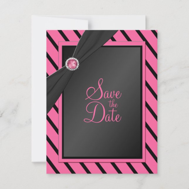 Pink and Black Stripes Save the Date Card (Front)