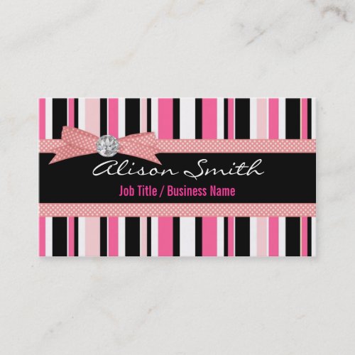 Pink and black stripes with bow business card