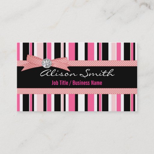 Customizable Pink and black stripes with bow business card