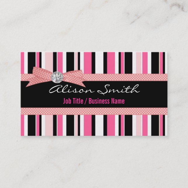 Pink and black stripes with bow business card (Front)