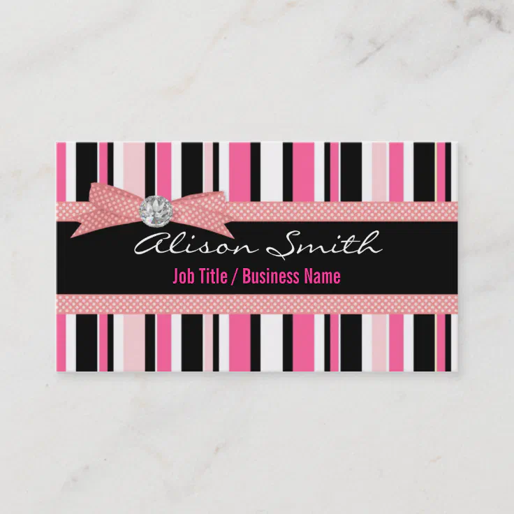 Pink and black stripes with bow business card | Zazzle