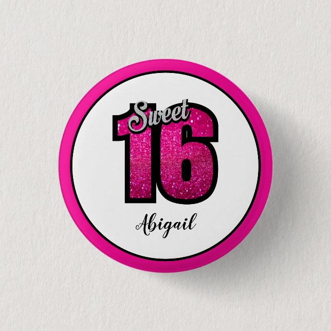 Pink and Black Sweet 16 Birthday Glitter Button (Front)