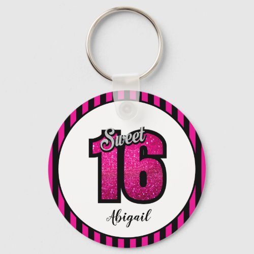 Pink and Black Sweet 16 Birthday Glitter Keychain