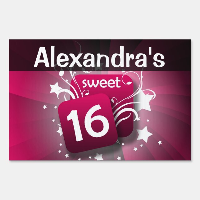 Pink and Black Sweet 16 Custom Birthday Yard Sign (Front)