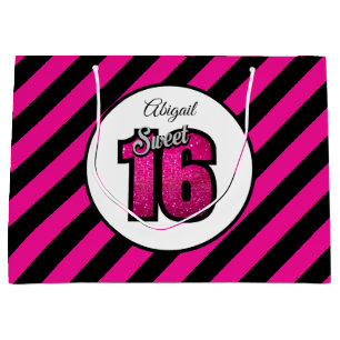 Pink and Black Sweet 16 Glitter Birthday Large Gif Large Gift Bag