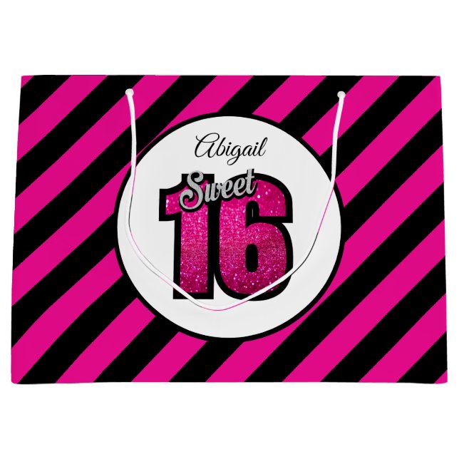 Pink and Black Sweet 16 Glitter Birthday Large Gif Large Gift Bag (Front)