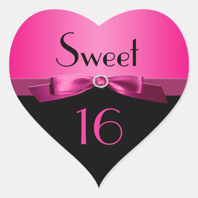 Pink and Black Sweet 16 Heart Shaped Sticker (Front)