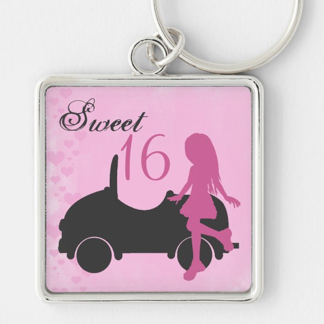 Pink and Black Sweet 16 Silhouette Girl with Car Keychain (Front)