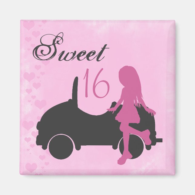 Pink and Black Sweet 16 Silhouette Magnet (Front)