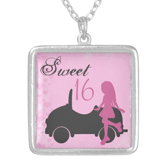 Pink and Black Sweet 16 Silhouette Necklace (Front)