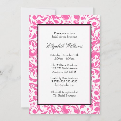 Pink and Black Swirl Damask Bridal Shower Announcement