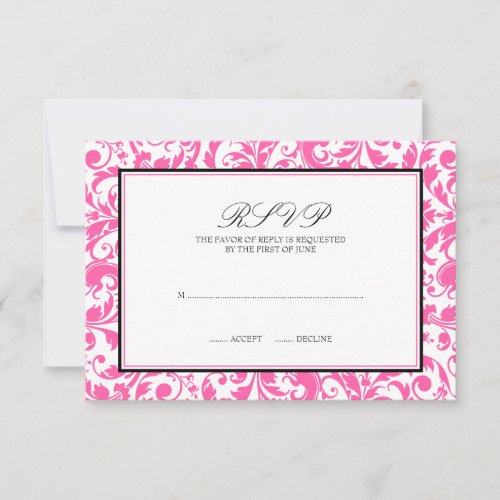 Pink and Black Swirl Damask Wedding Response Card
