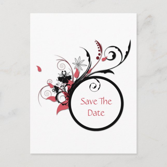 Pink and Black Swirls Save The Date Announcement Postcard (Front)