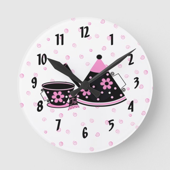 Pink and Black Teapot Kitchen Clock (Front)