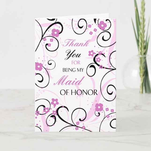 Pink and Black Thank You Maid of Honor Card (Front)