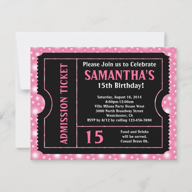Pink and Black Ticket Invitation, Any Age Invitation (Front)