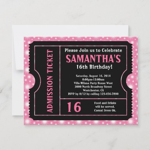 Pink and Black Ticket, Sweet 16 or Any Age Personalized Announcements
