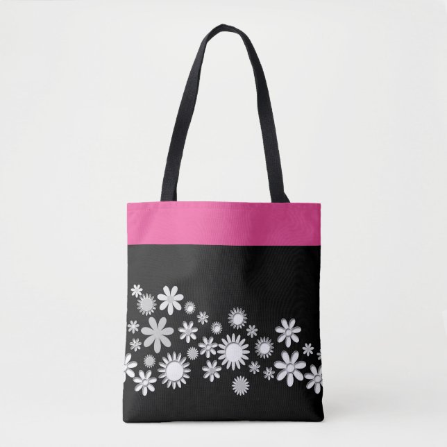 Pink and Black Tote Bag With White Flowers (Front)