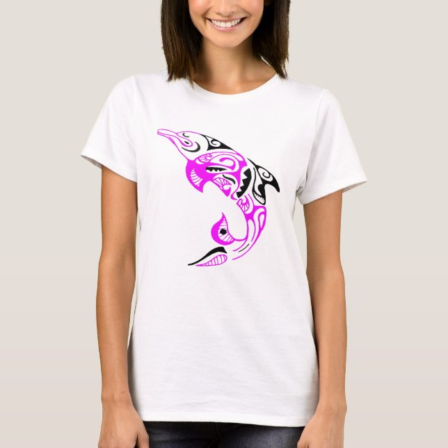 Pink and Black Tribal Dolphin Tattoo Design T-Shirt (Front)