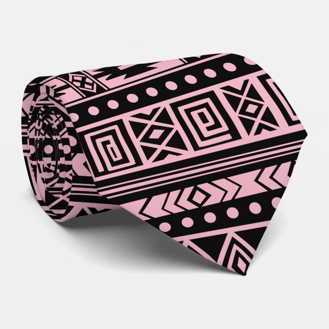 Pink And Black Tribal Geometric Pattern Neck Tie (Rolled)