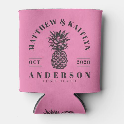 Pink and Black Tropical Pineapple Wedding Can Cooler