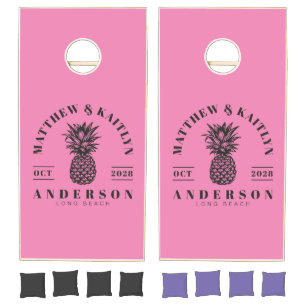 Pink and Black Tropical Pineapple Wedding Cornhole Set