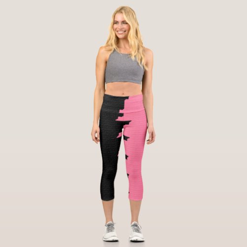 Pink And Black Two Colour Half Sides Stripes Capri Leggings