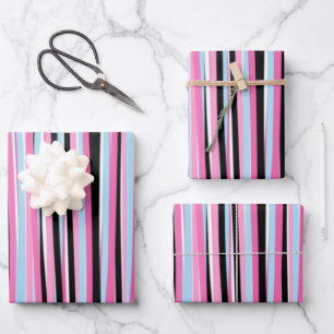 Pink and Black Vertical Stripes Wrapping Paper Sheets