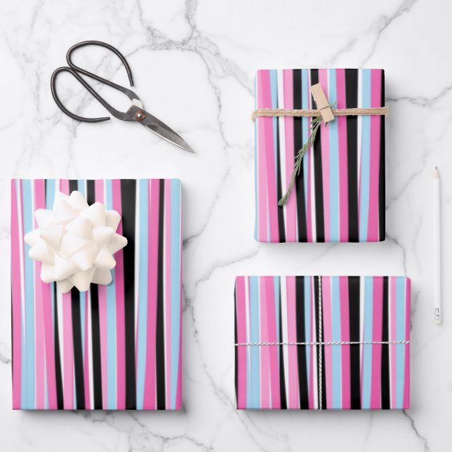 Pink and Black Vertical Stripes Wrapping Paper Sheets (Front)
