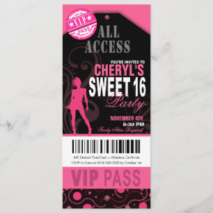 Pink and Black VIP Sweet 16 Ticket Party Invitation