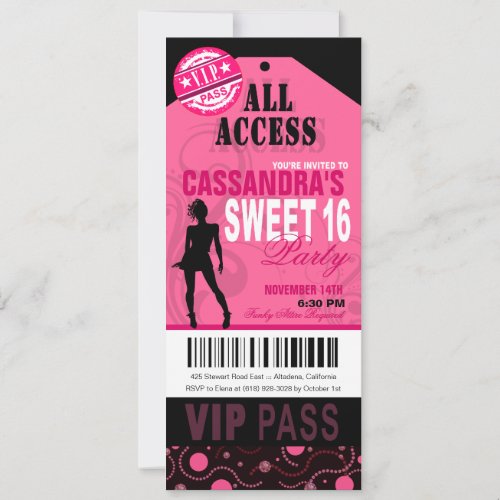 Pink and Black VIP Sweet 16 Ticket Party Invitation