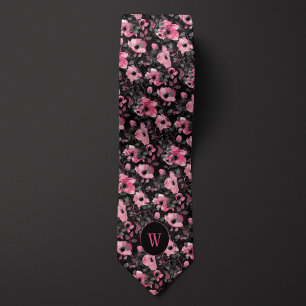 Pink and Black Watercolor Floral Monogram Neck Tie