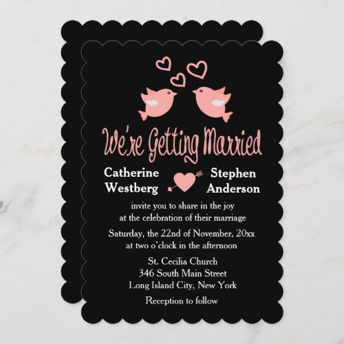 Pink And Black Wedding Lovebirds With Hearts Invitation