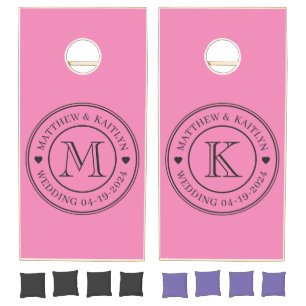 Pink and Black Wedding Monogram Heart Cornhole Set