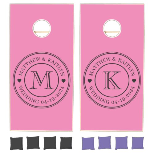 Pink and Black Wedding Monogram Heart Cornhole Set