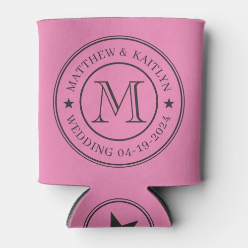 Pink and Black Wedding Monogram Star Can Cooler