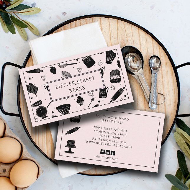 Pink and Black Whimsical Baker Pastry Chef Business Card (Creator Uploaded)