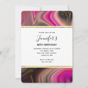 Pink and Black with Gold Swirls Abstract Birthday Invitation