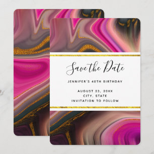 Pink and Black with Gold Swirls Abstract Save The Date