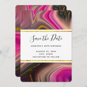 Pink and Black with Gold Swirls Abstract Save The Date